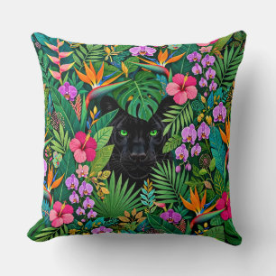 Zwarte Panter Jungle Bloemen & Tropisch Lofwerk Kussen