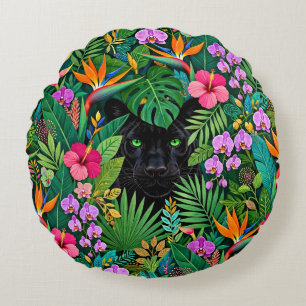 Zwarte Panter Jungle Bloemen & Tropisch Lofwerk Rond Kussen