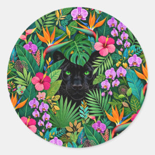 Zwarte Panter Jungle Bloemen & Tropisch Lofwerk Ronde Sticker