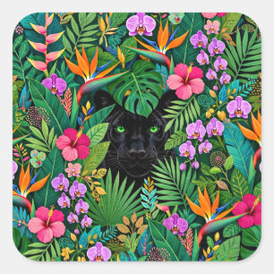 Zwarte Panter Jungle Bloemen & Tropisch Lofwerk Vierkante Sticker