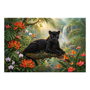 Zwarte Panter Kenia Jungle Bloemen Waterval Foto Afdruk
