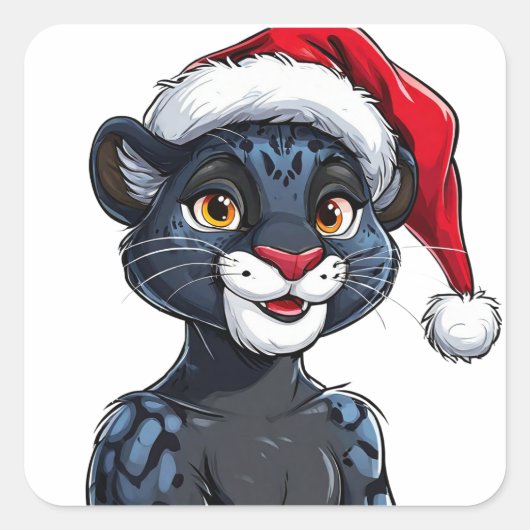 Zwarte Panter met Kerstmuts Vierkante Sticker (Voorkant)