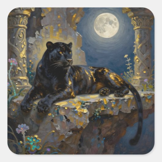 Zwarte Panter onder de Volle Maan Vierkante Sticker (Voorkant)