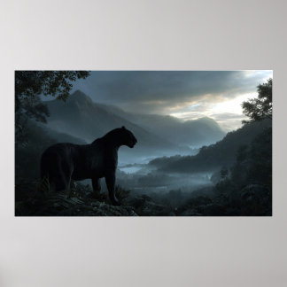 Zwarte Panter Staand op Besneeuwde Bergtopmuur Poster