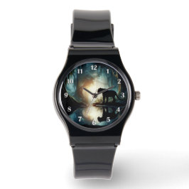 Zwarte panter weerspiegeld in waterpoel in Oerwoud Horloge