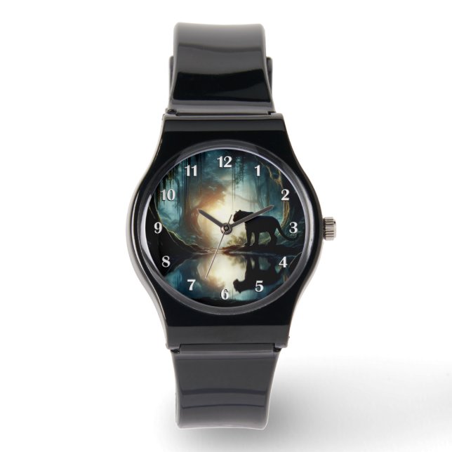 Zwarte panter weerspiegeld in waterpoel in Oerwoud Horloge (Voorkant)