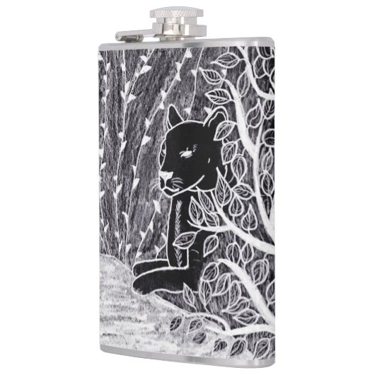 Zwarte panther in het oerwoud - potloodtekening heupfles (Links)