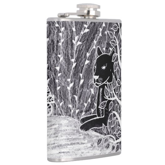 Zwarte panther in het oerwoud - potloodtekening heupfles (Rechts)