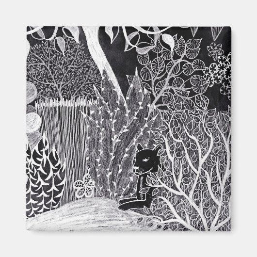 Zwarte panther in het oerwoud - potloodtekening magneet (Voorkant)