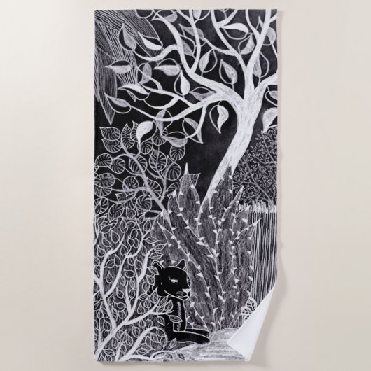 Zwarte panther in het oerwoud - potloodtekening strandlaken (Voorkant)