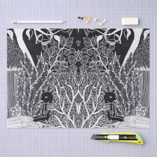 Zwarte panther in het oerwoud - potloodtekening tissuepapier (Craft)