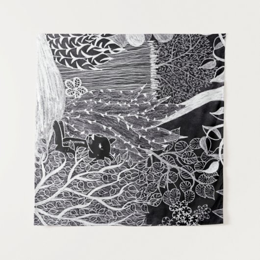 Zwarte panther in het oerwoud - potloodtekening wandkleed (Voorkant (horizontaal))