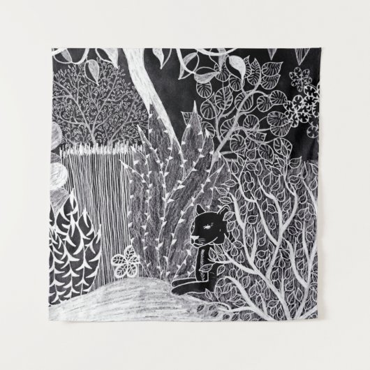 Zwarte panther in het oerwoud - potloodtekening wandkleed (Voorkant)