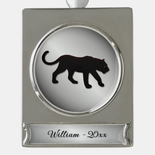 Zwarte Panther Silver Naam en Jaar Verzilverd Banner Ornament (Voorkant)