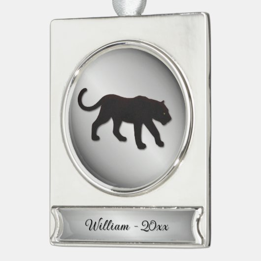 Zwarte Panther Silver Naam en Jaar Verzilverd Banner Ornament (Links)