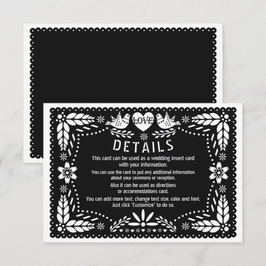 Zwarte papel picado-liefdesgegevens over het huwel informatiekaartje (Voorkant / Achterkant)