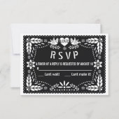Zwarte papel picado-liefdesvogels en bloemen bruil RSVP kaartje (Voorkant)