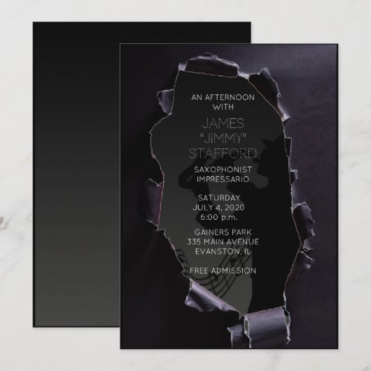 zwarte papieren saxofonist concertuitnodiging kaart (Voorkant / Achterkant)