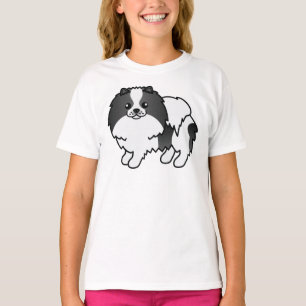 Zwarte Parti-kleur Pomeranian Lieve Cartoon Hond T-shirt