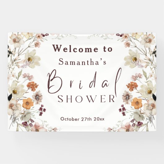 Zwarte Pastel Boho Wildflower Moderne Bruidsdouche Spandoek (Horizontaal)