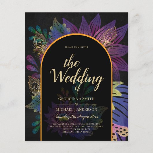 Zwarte Pauw Edelsteen Kleuren Bloemige Bruiloft (Voorkant)