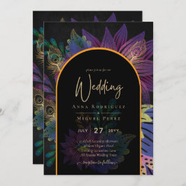 Zwarte Pauw Edelsteen Kleuren Bloemige Bruiloft Kaart