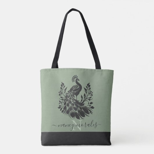 Zwarte pauw moderne kalligrafie salie groen terug tote bag (Achterkant)