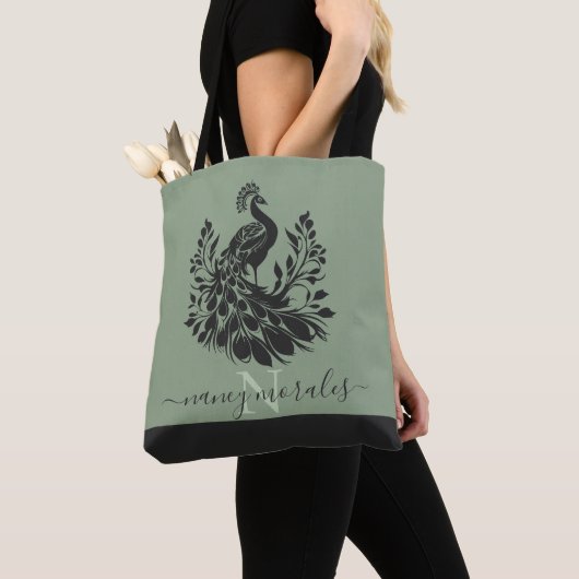Zwarte pauw moderne kalligrafie salie groen terug tote bag (Dichtbij)