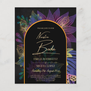 Zwarte Pauw Ogen Juweeltonen Bloemen Bruiloft Flyer