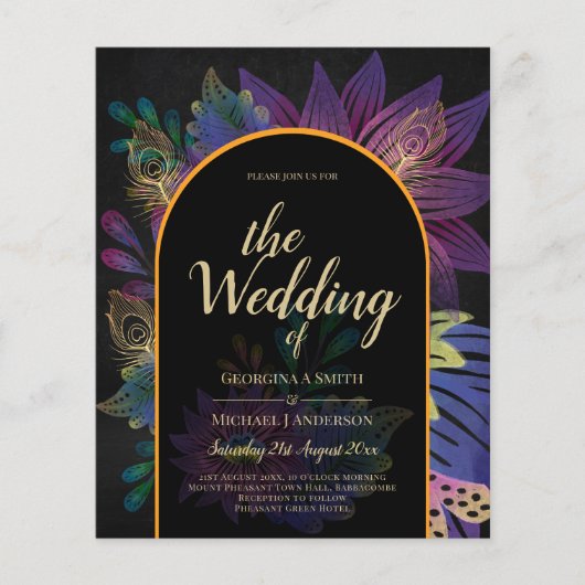 Zwarte Pauw Oogstijl Bloemen Bruiloft Flyer (Voorkant)