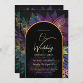 Zwarte Pauw Oogstijl Bloemen Bruiloft Kaart (Voorkant / Achterkant)