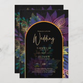 Zwarte Pauw Oogstijl Bloemen Bruiloft Kaart (Voorkant / Achterkant)