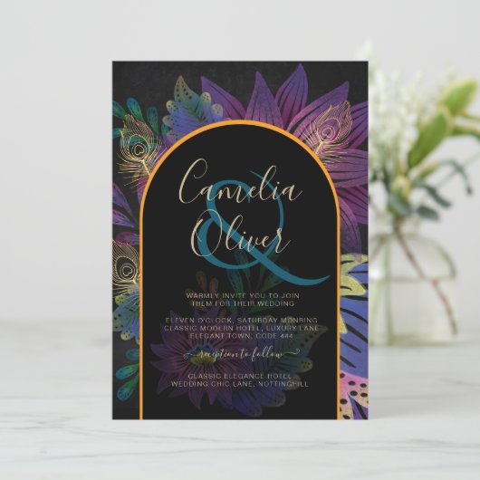 Zwarte Pauw Oogstijl Bloemen Bruiloft Kaart (Staand voorkant)