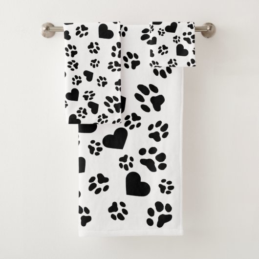 Zwarte Paw Prints en Hartpatroon Bad Handdoek (Insitu)