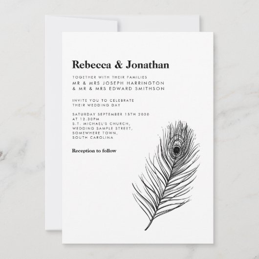 Zwarte Peacock Feather Moderne bruiloft Kaart (Voorkant)