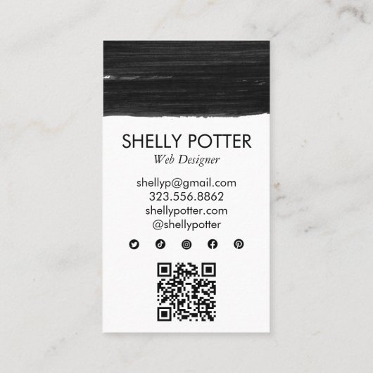 Zwarte penseelstreek minimaal chique moderne QRCod Visitekaartje (Achterkant)