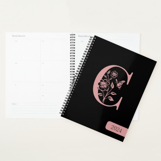 Zwarte Perzik monogram initiaal naam minimalistisc Planner (Display)