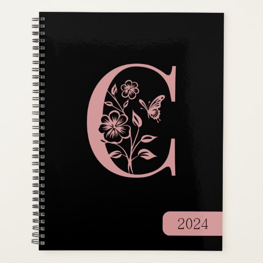 Zwarte Perzik monogram initiaal naam minimalistisc Planner (Voorkant)