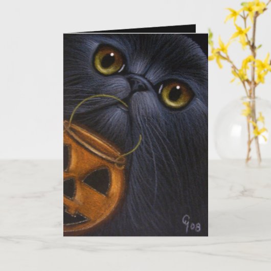 ZWARTE PERZISCHE KAT HALLOWEEN KAART (Gele Bloem)