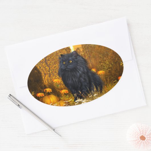 Zwarte Perzische kat Halloween Ovale Sticker (Envelop)
