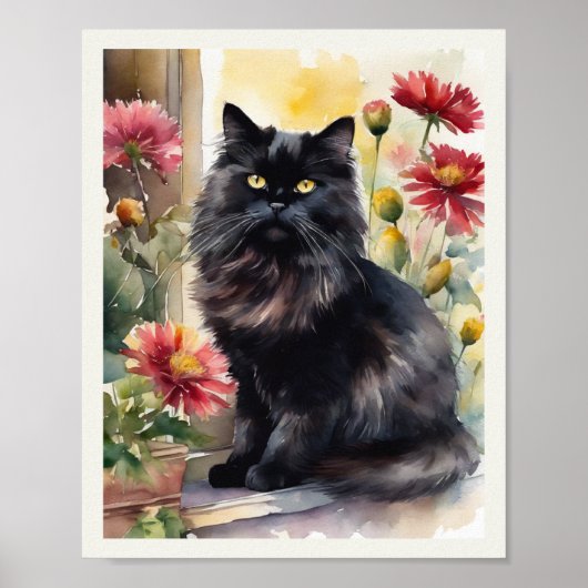 Zwarte Perzische Kat Waterverf Rode Asters Poster (Voorkant)