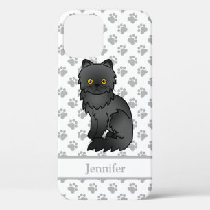 Zwarte Perzische Mopshond Cute Cartoon Kat & Naam Case-Mate iPhone Case