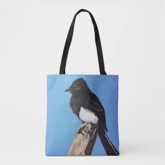 Zwarte Phoebe Bird op Blue Canvas tas (Voorkant)