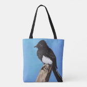 Zwarte Phoebe Bird op Blue Canvas tas (Achterkant)