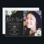 Zwarte Photo Bat Mitzvah Zilveren Bloemen Waterver Kaart<br><div class="desc">Wees trots, blij en toon deze mijlpaal van je favoriete Bat Mitzvah met deze geavanceerde, persoonlijke fotouitnodiging! Een mooie, verbluffende, witte en faux zilveren glitter florale waterverf, faux Silver folie scripttypografie en een witte sans serif type bedekken een dramatische zwarte achtergrond aan de linkerkant, uw persoonlijke foto aan de rechterkant....</div>