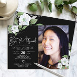 Zwarte Photo Bat Mitzvah Zilveren Bloemen Waterver Kaart<br><div class="desc">Wees trots, blij en toon deze mijlpaal van je favoriete Bat Mitzvah met deze geavanceerde, persoonlijke fotouitnodiging! Een mooie, verbluffende, witte en faux zilveren glitter florale waterverf, faux Silver folie scripttypografie en een witte sans serif type bedekken een dramatische zwarte achtergrond aan de linkerkant, uw persoonlijke foto aan de rechterkant....</div>