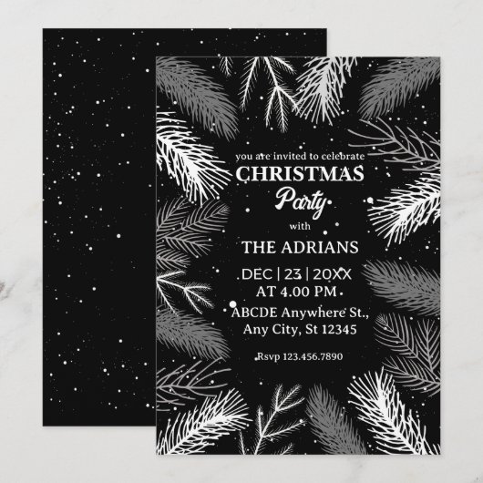 Zwarte pijnboombladeren met sneeuw kerstfeest kaart (Voorkant / Achterkant)
