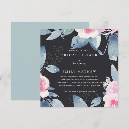 ZWARTE PINK BLUE WATERVERF VRIJGEZELLENFEEST KAART (Voorkant / Achterkant)