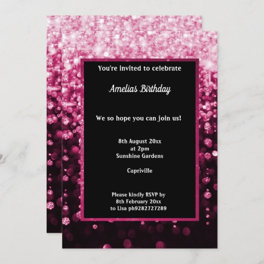 ZWARTE PINK DIAMOND WATERFALL BIRTHDAPPARTIJ KAART (Voorkant / Achterkant)