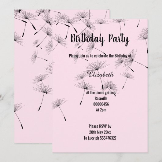 ZWARTE PINK FALLING DANDELION FLOWER BIRTHDAY KAART (Voorkant / Achterkant)